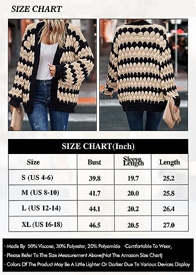 Women's Cardigan Autumn Lantern Sleeve Front Stripe Colorblock Loose Cable Knit Sweater Jacket
