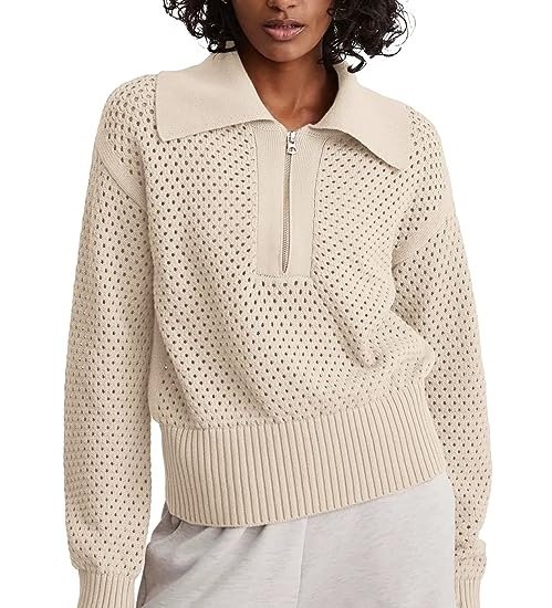 Women's Half Zip Pullover Sweaters Lapel Collar Long Sleeve Knit Solid Color Jumper