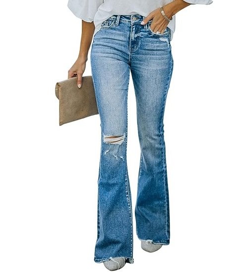 Women's flared pants, high waist ripped stretch flared pants