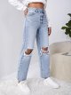 Women's High Waist Straight Leg Ripped Jeans Distressed Denim Pants