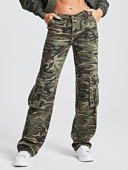 Women's Camo Print Cargo Jeans High Waist Wide Leg Denim Army Pants