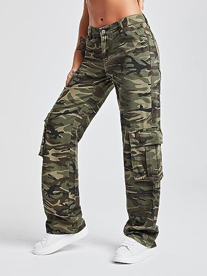 Women's Camo Print Cargo Jeans High Waist Wide Leg Denim Army Pants