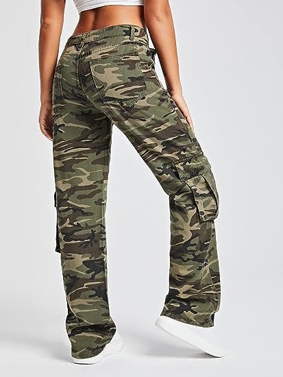 Women's Camo Print Cargo Jeans High Waist Wide Leg Denim Army Pants